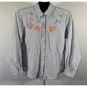 Napa Valley Petites Women's M Blue  Stripe Floral Embroidered Button Up Shirt